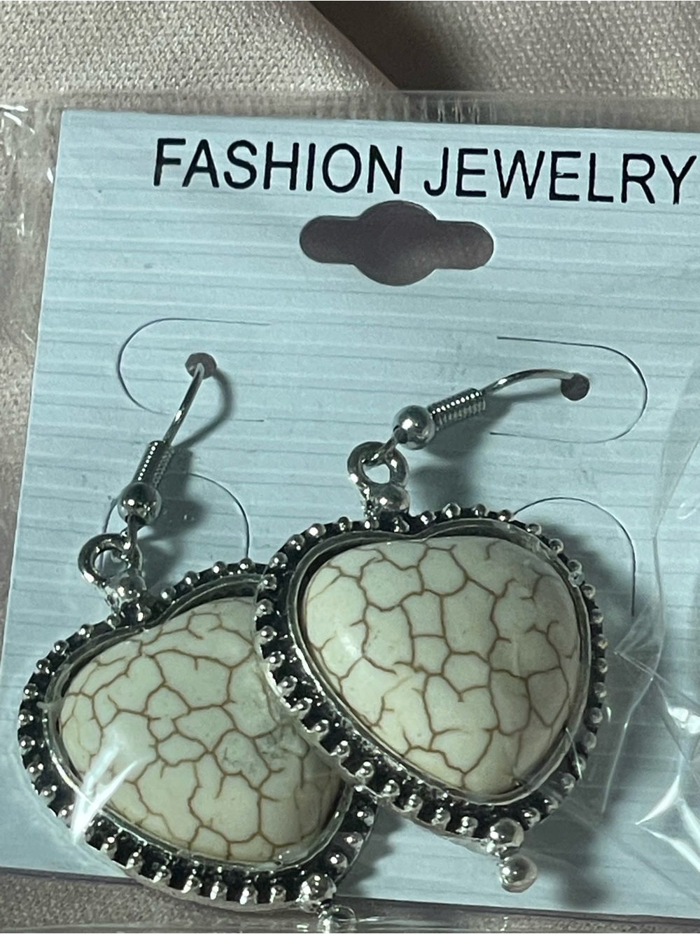 Fashion Jewelry Cream Heart Crackle Drop Earrings with Silver Accent